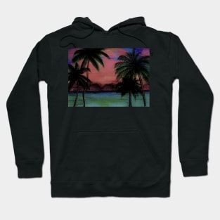 PINK TROPICAL SUNSET SCENE DRAWING DECO POSTER BEACH PALM TREES Hoodie